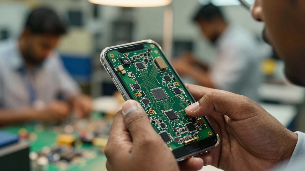 Close-up of an engineer inspecting a smartphone circuit board