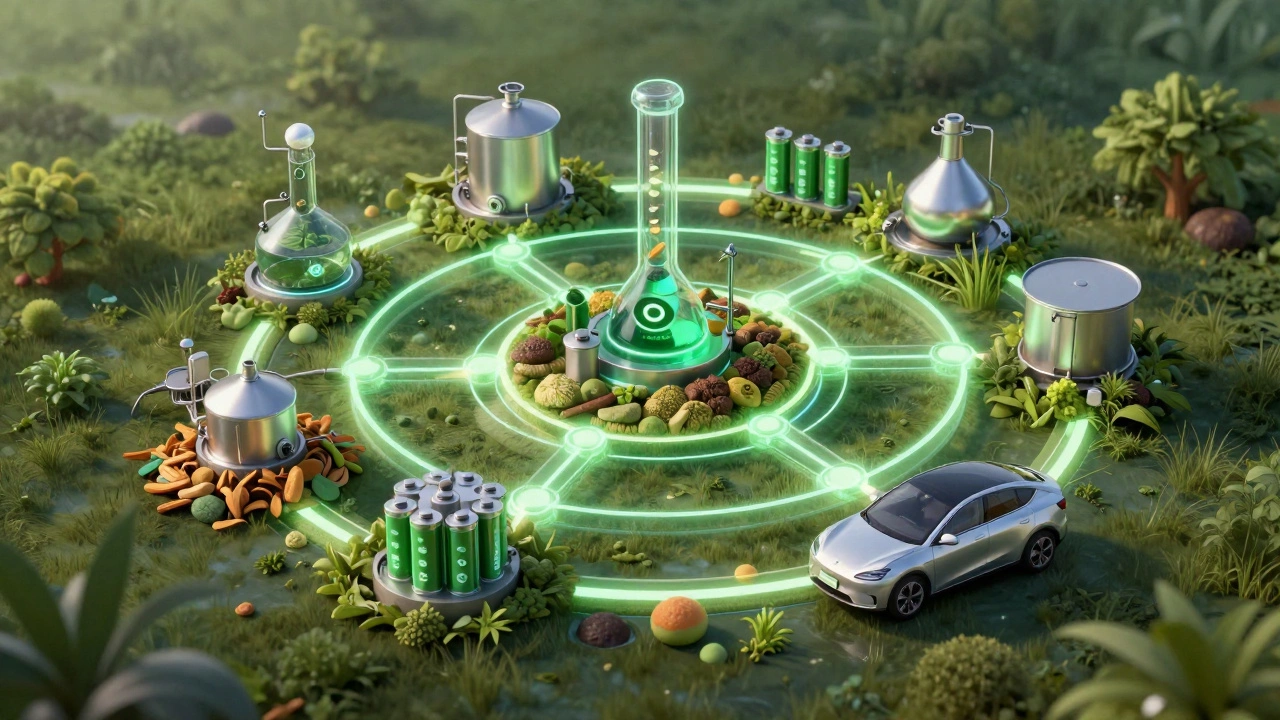 Conceptual art of green chemistry and EV battery supply chain