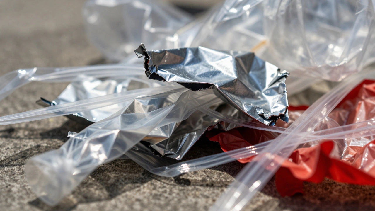 Crumpled multi-layered food wrappers tangled on concrete ground