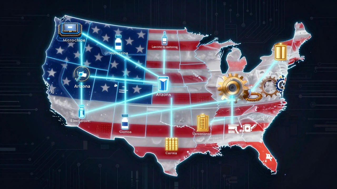 Digital map of US showing connected manufacturing hubs for chips and EVs