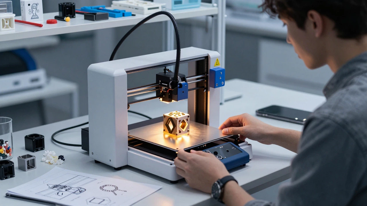 Entrepreneur using a 3D printer for custom micro-manufacturing in a modern workshop