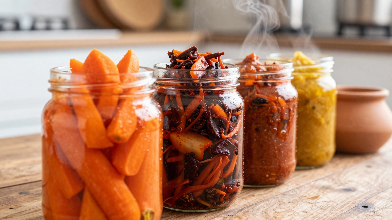 Glass jars of colorful Indian fermented pickles and miso