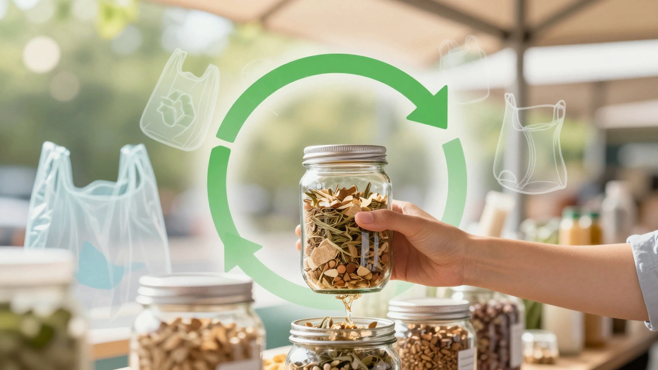 Hand filling reusable glass jar from bulk dispenser at market