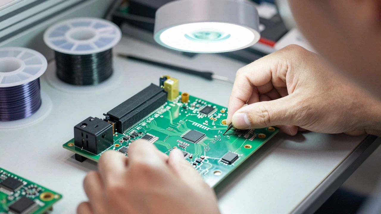 Hands assembling microchips on circuit board for IoT devices