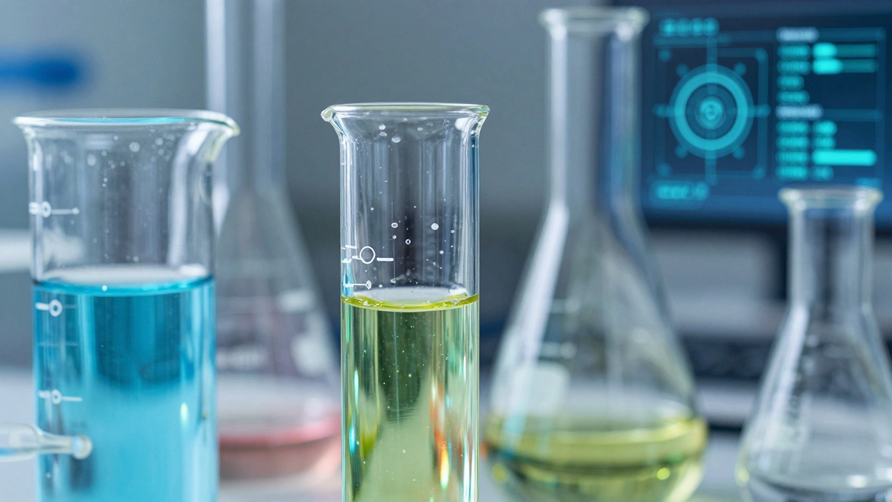 Lab glassware with colorful specialty chemicals and digital tech