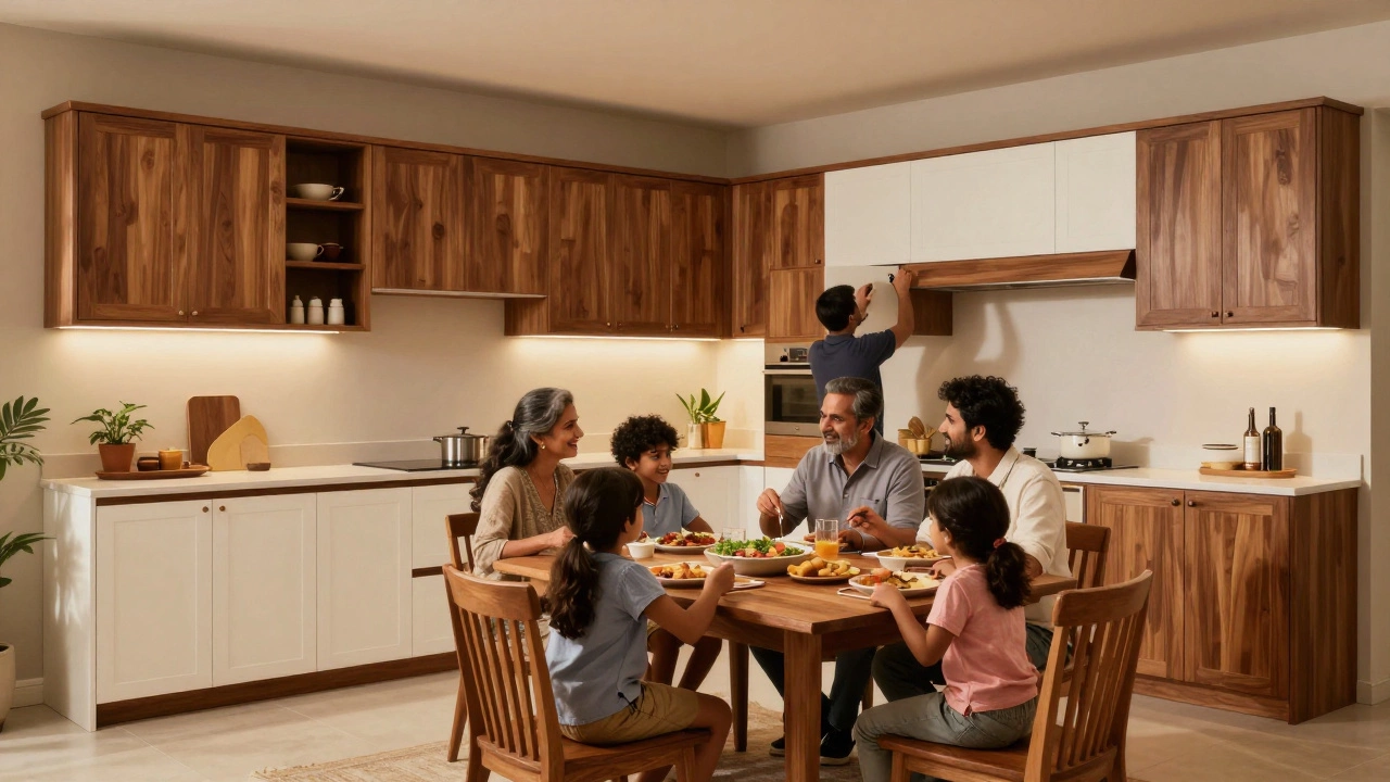 Multi-generational Indian family dining in a kitchen with durable modular wooden cabinets