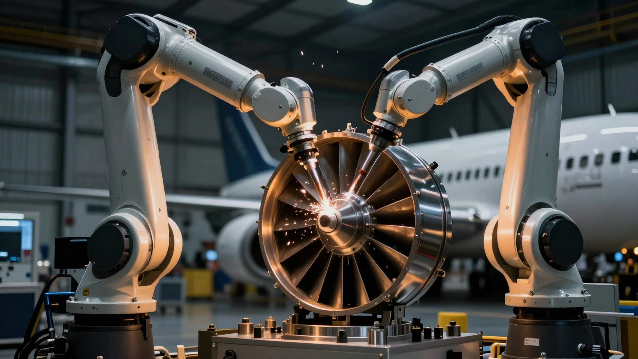 Robotic arm assembling a jet engine part in an aerospace manufacturing plant