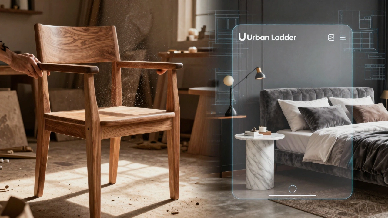 Split view showing local woodcraft inspection and AR visualization of modern furniture