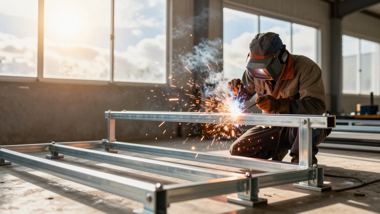 Worker welding steel solar panel mounts in bright fabrication shop