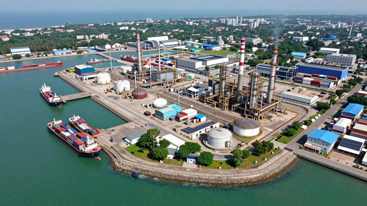 Aerial view of coastal industrial port and factories in Gujarat, India