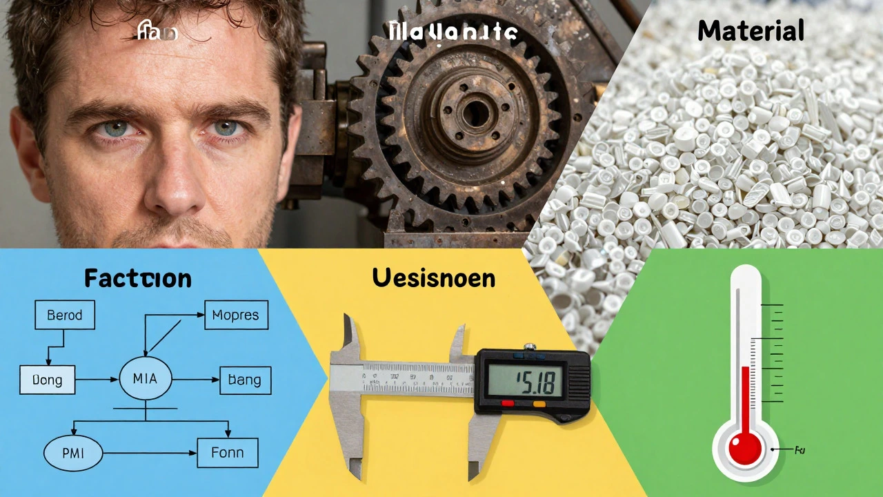 Conceptual collage illustrating the six M factors: man, machine, material, method, measurement, environment