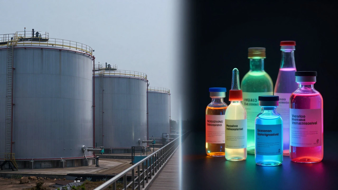 Contrast between bulk petrochemical tanks and glowing specialty vials