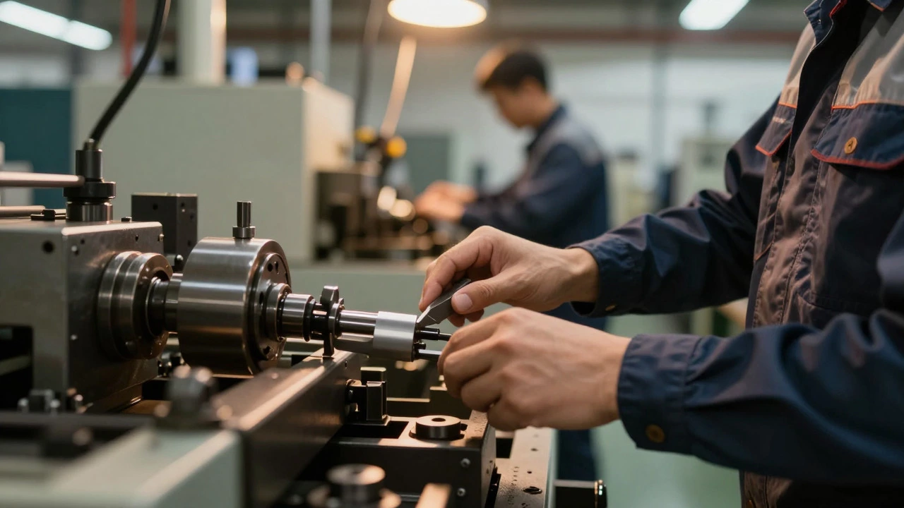 Factory manager inspecting machinery in a modern workshop
