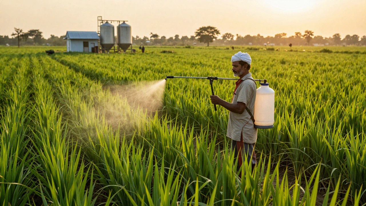 Farmer spraying crops in a sunlit field near a chemical unit