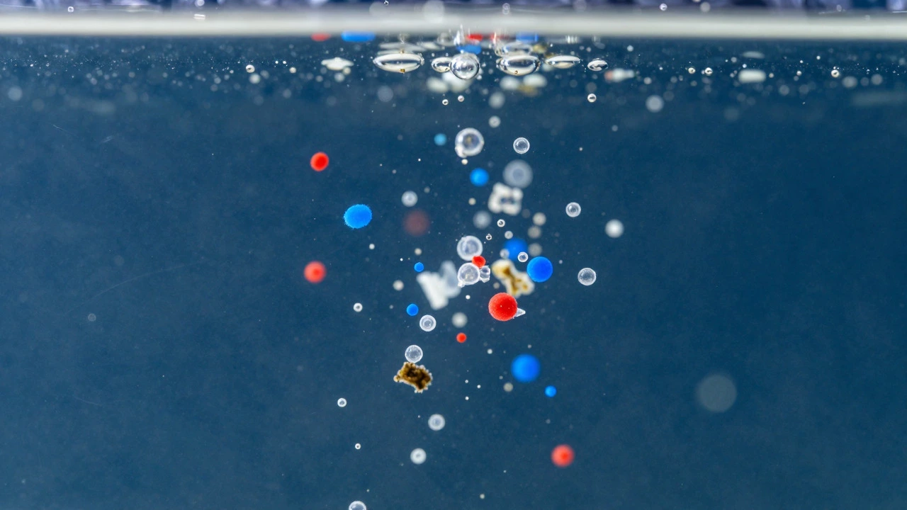 Microscopic plastic particles floating in clear water