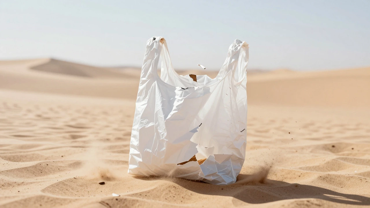 Plastic bag fragmenting in a dusty desert landscape