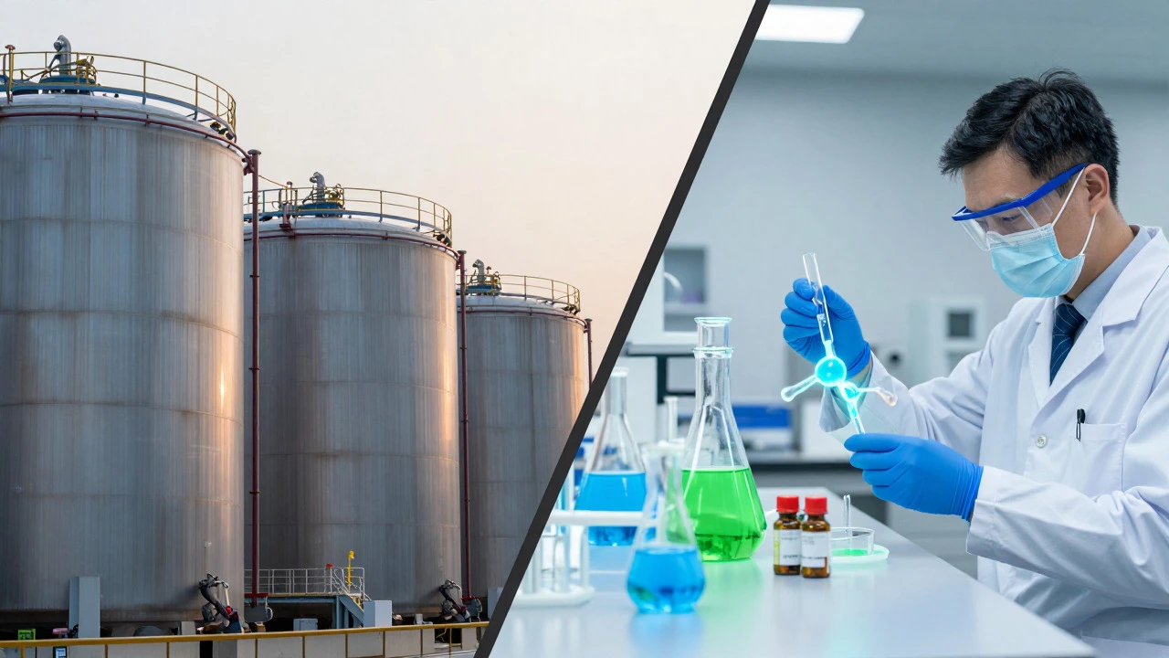 Split view contrasting bulk industrial tanks with high-tech lab chemistry