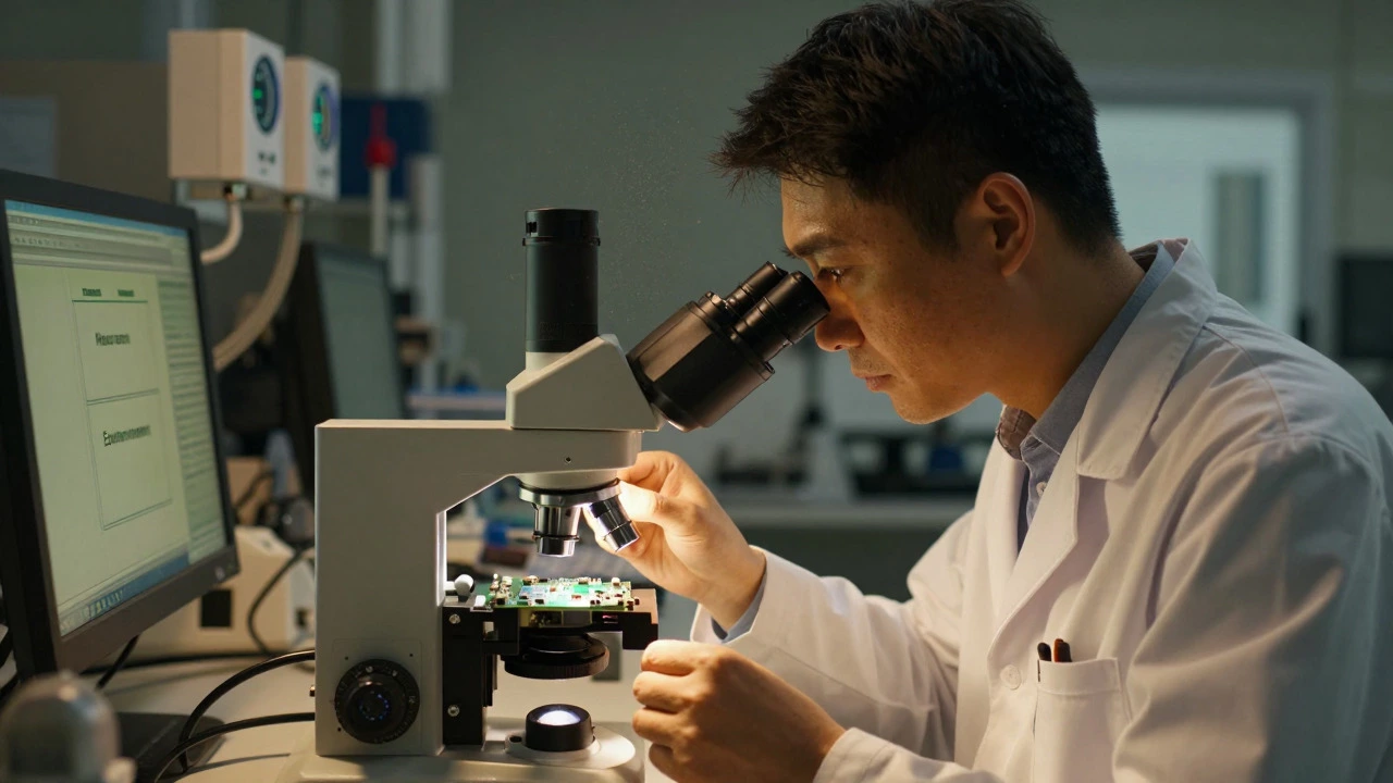 Technician inspecting an electronic component under a microscope in a quality control lab
