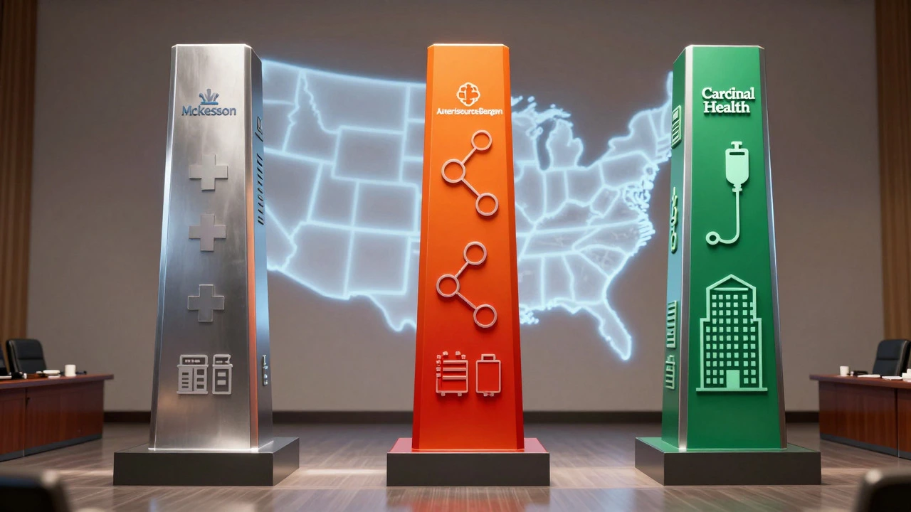 Three symbolic pillars representing major US pharma distributors and their strengths