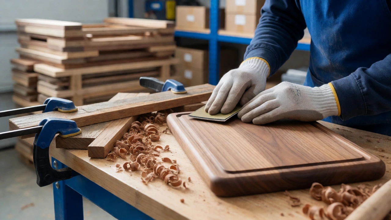 Artisan sanding a custom walnut cutting board in a home woodworking shop.