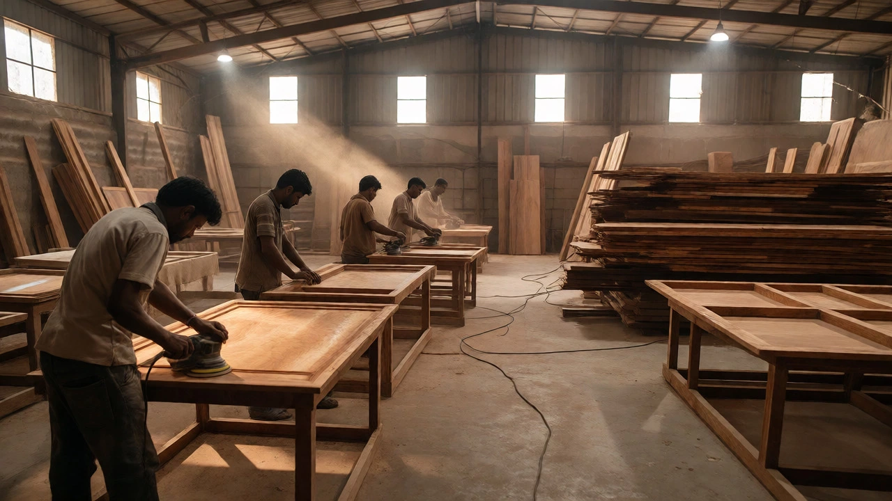 Artisans working in a busy Indian furniture factory