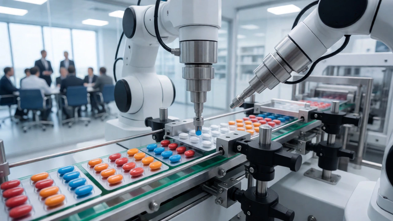 Automated robotic packaging line in a modern Indian pharmaceutical factory ensuring quality control.