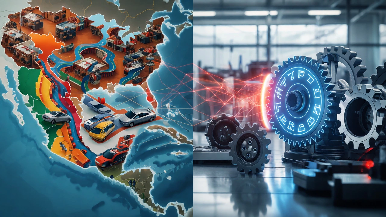 Conceptual map showing specialized manufacturing hubs in Vietnam, Mexico, and Germany.