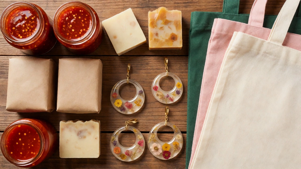 Flat lay of home-made goods including hot sauce, soap, jewelry, and tote bags.