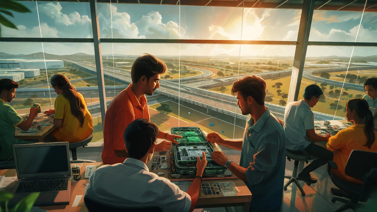 Indian engineers working in a modern electronics plant with highway infrastructure.