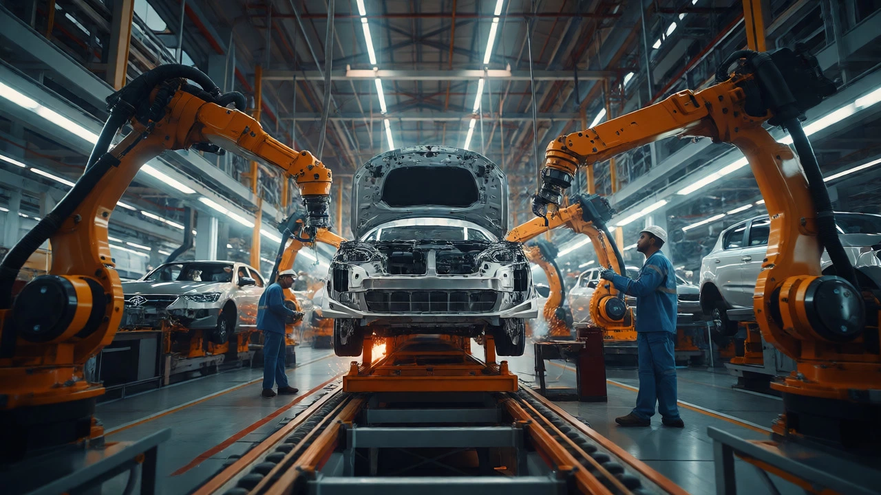 Interior of a large Indian automotive factory with robotic arms assembling cars