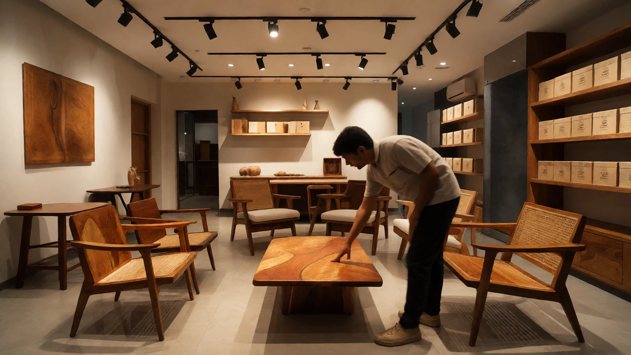 Modern furniture showroom with customers inspecting items