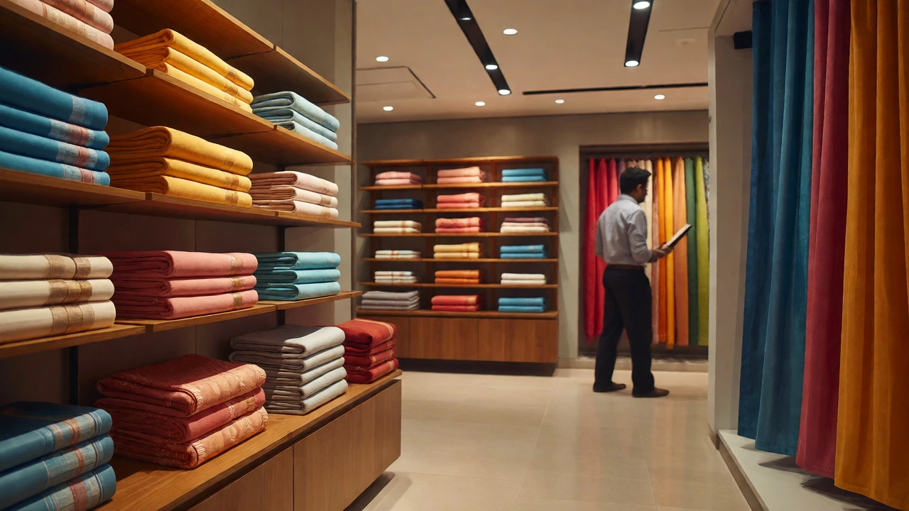 Modern retail display of colorful Bombay Dyeing bedsheets and towels.