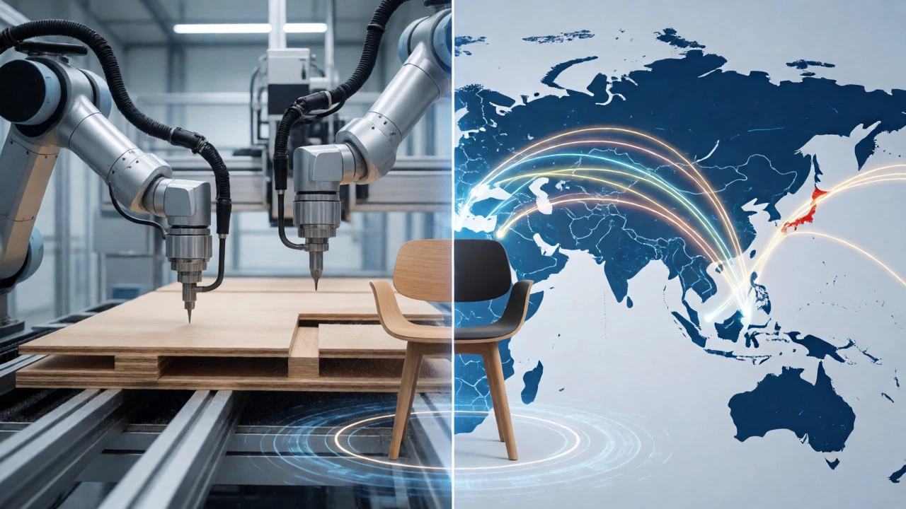 Robotic arms cutting wood panels next to a global trade route map and a modern smart chair.