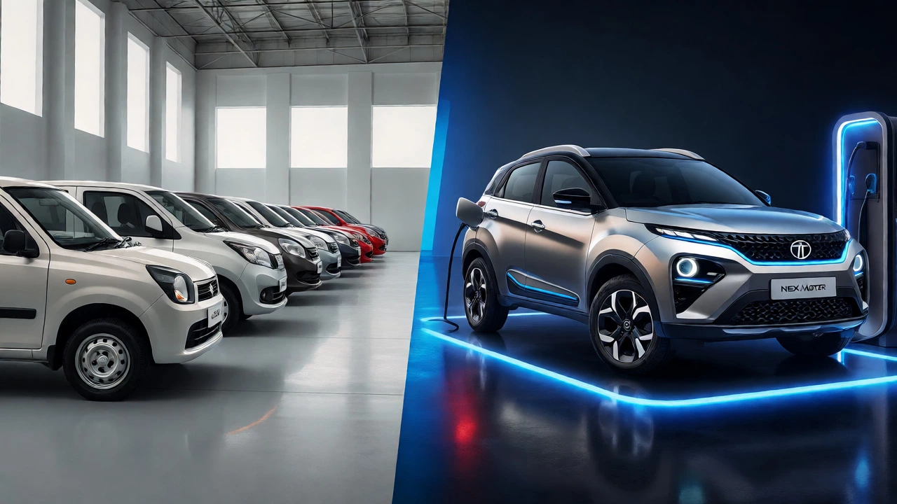 Split view comparing mass-market Maruti cars with a futuristic Tata electric vehicle