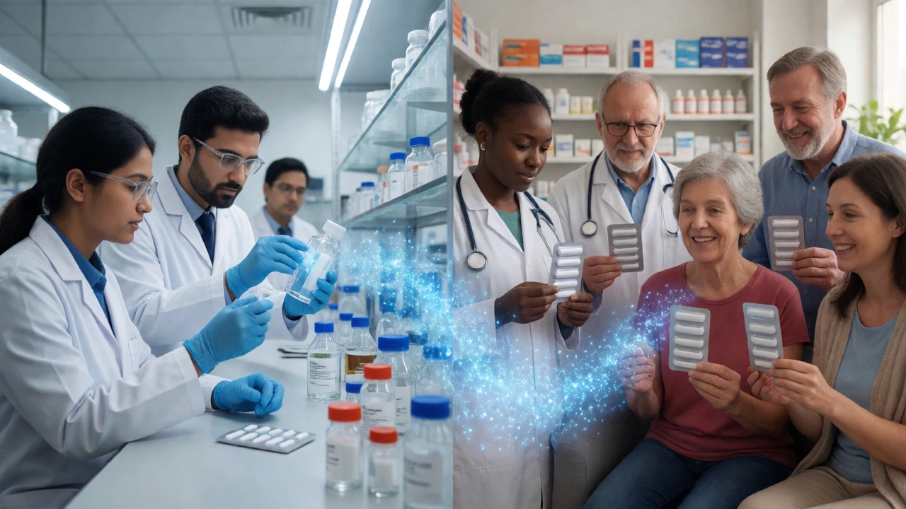 Split view showing Indian pharma labs supplying affordable medicines to patients worldwide.
