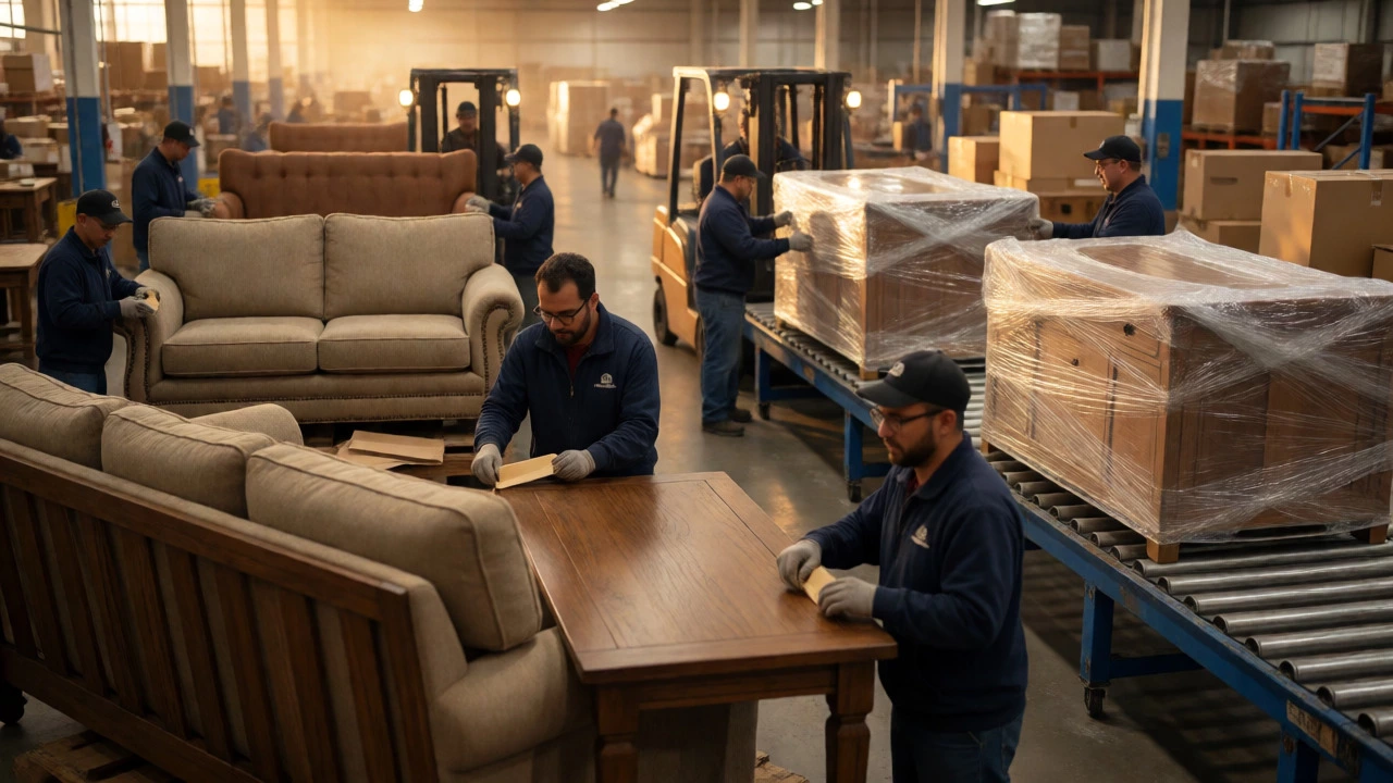 Workers assembling heavy wooden sofas and tables inside a large North American furniture factory.