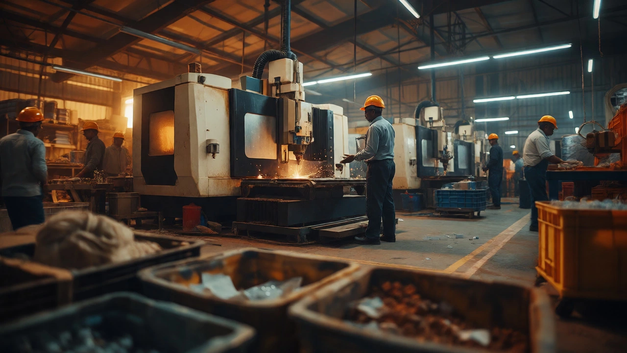 Busy Indian manufacturing workshop with machines and workers