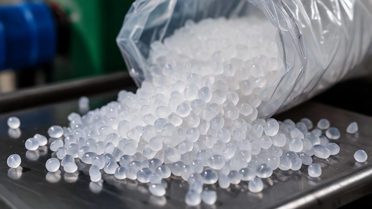 Close-up of white plastic resin pellets on industrial surface