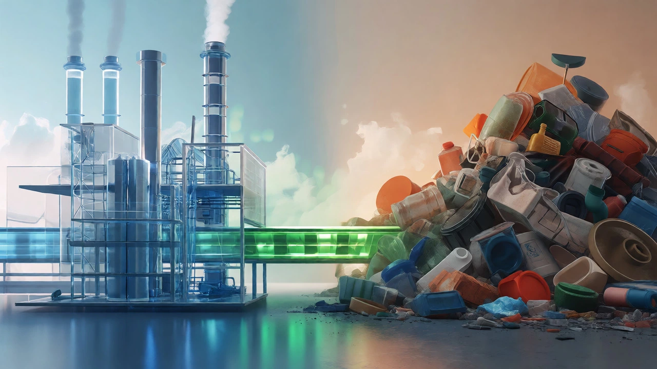 Conceptual art linking factory tech to plastic waste recycling