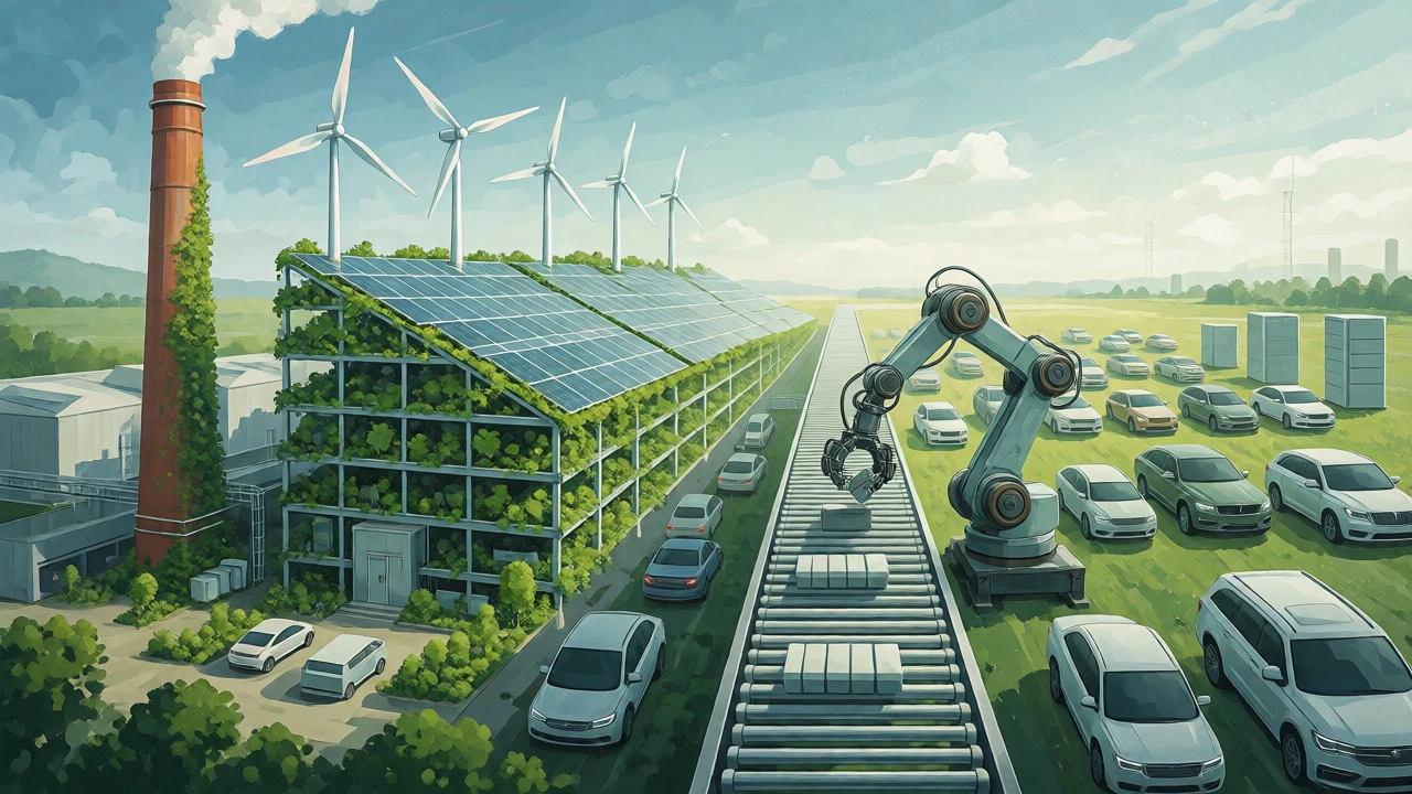 Conceptual art of a green factory with vertical gardens and renewable energy integration.