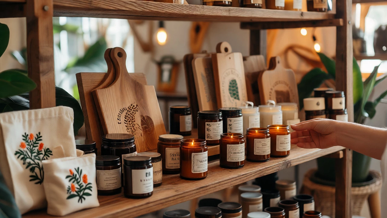 Display of handmade candles, engraved boards, and tote bags in a shop.