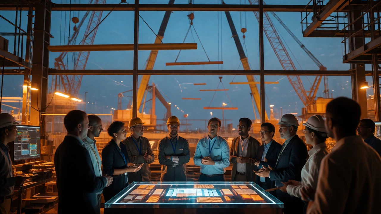 Engineers reviewing chip designs in a semiconductor fab under construction at dusk.