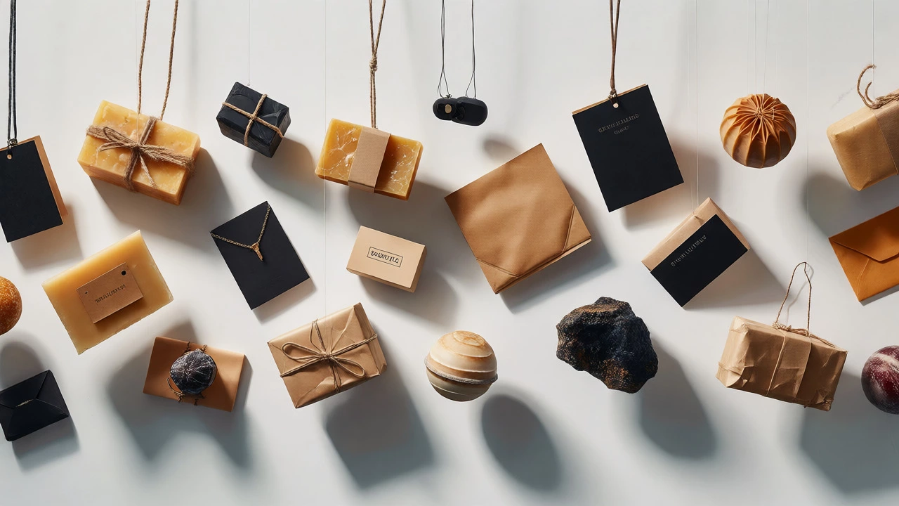 Floating arrangement of soaps, cards, and jewelry on a white background.