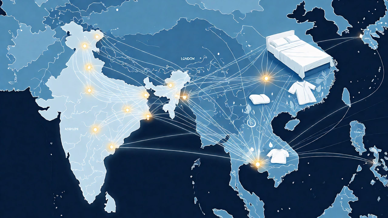 Global supply chain map showing Indian textile exports to world markets