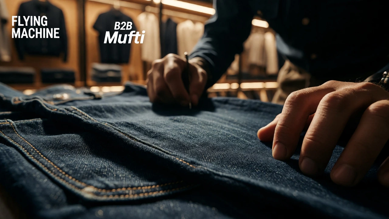 Hands inspecting high-quality indigo denim fabric in a lab setting