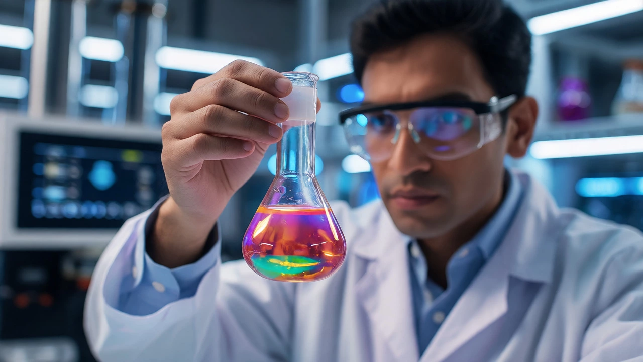 Indian chemist analyzing specialty chemical in high-tech lab