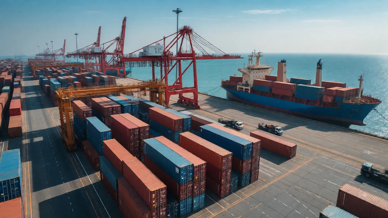 Indian port facility with shipping containers being loaded onto vessels