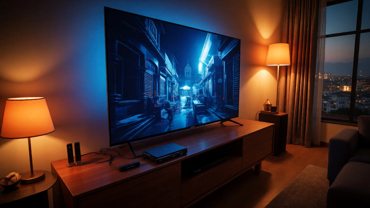 Large TV in an Indian living room connected to a set-top box and streaming device.