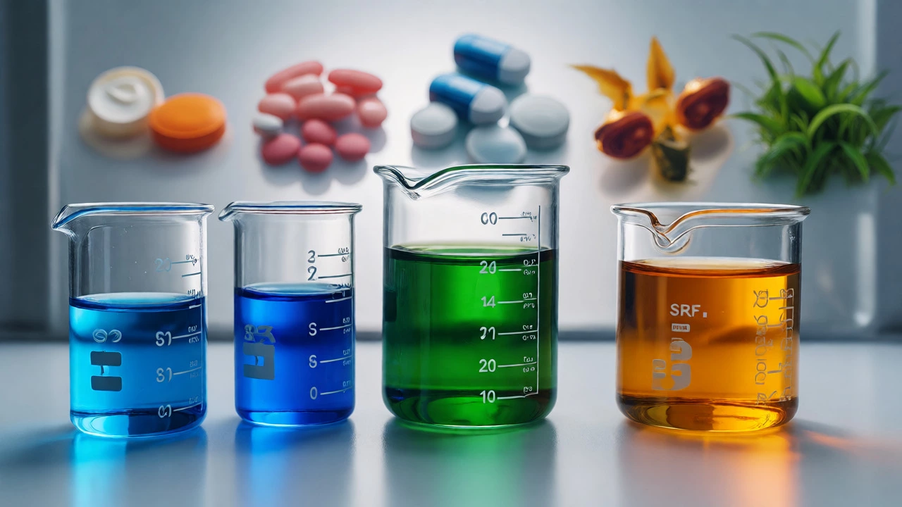 Macro shot of colorful specialty chemical liquids in a lab setting