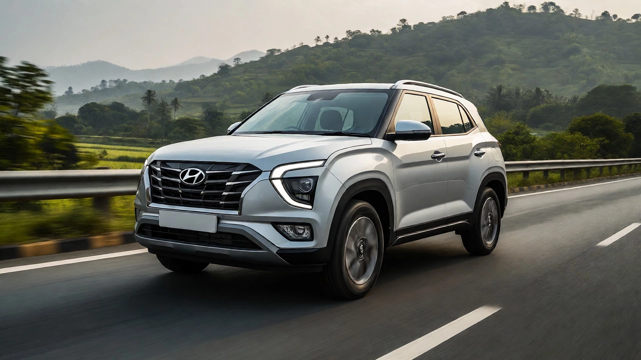 Silver Hyundai Creta SUV driving on a scenic highway with green hills